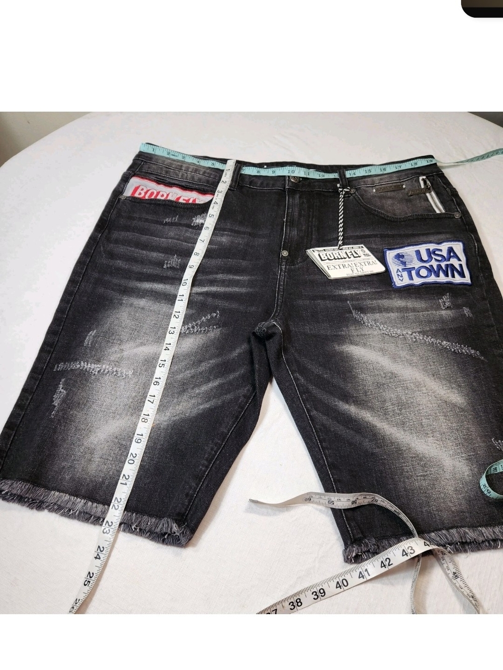 Born Fly Mens Size 36 Shorts Denim Distressed Cutout Patch Design Black Wash 04 - Picture 4 of 14